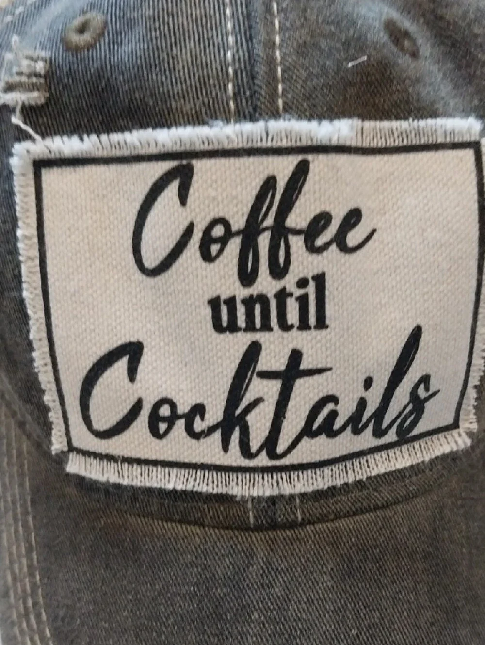 Coffee Until Cocktails Distressed Trucker Hat - Beige and Dark Gray